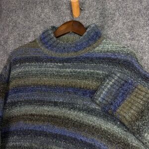 Prana Sweater Womens XL Blue Green Striped Wool Blend Mock Neck Knit Pullover